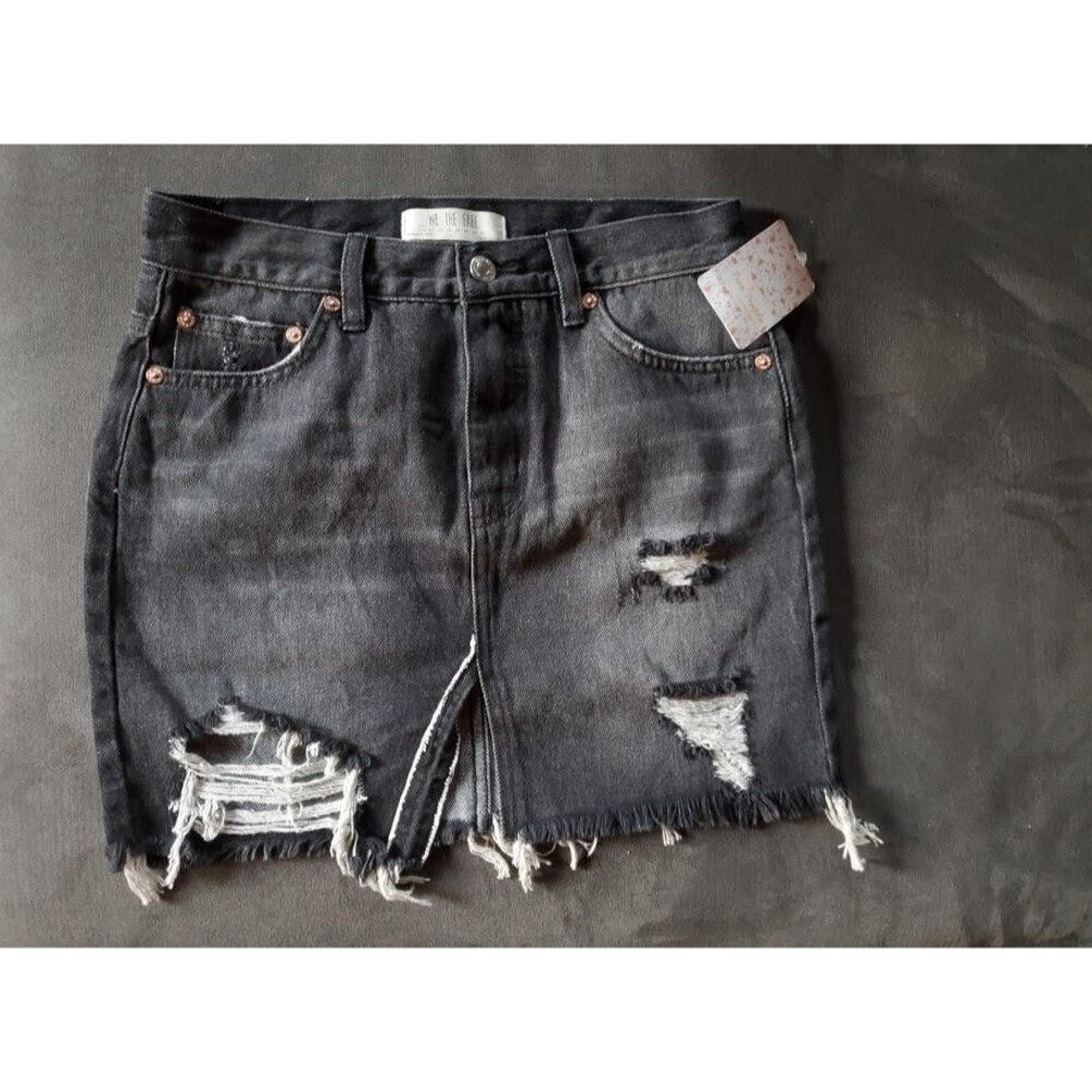 Free People We the Free Skirt Black Distressed Denim Split Hem Size 24 New